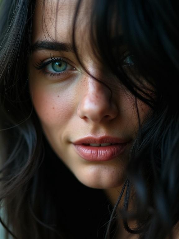 An extreme close up macro photo of a beautiful 30 year old French Italian rocker chick. She tilts her head playfully to the right. Long black hair drapes over one eye in big waves. The camera is close to her eyes as she leans toward the lens. She smiles shyly. Long eyelashes are highlighted by low lighting and dutch angle POV.
