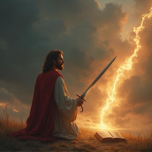 Christian person kneeling holding a sword emerging from an open Bible. Dramatic background with a glowing sky.
