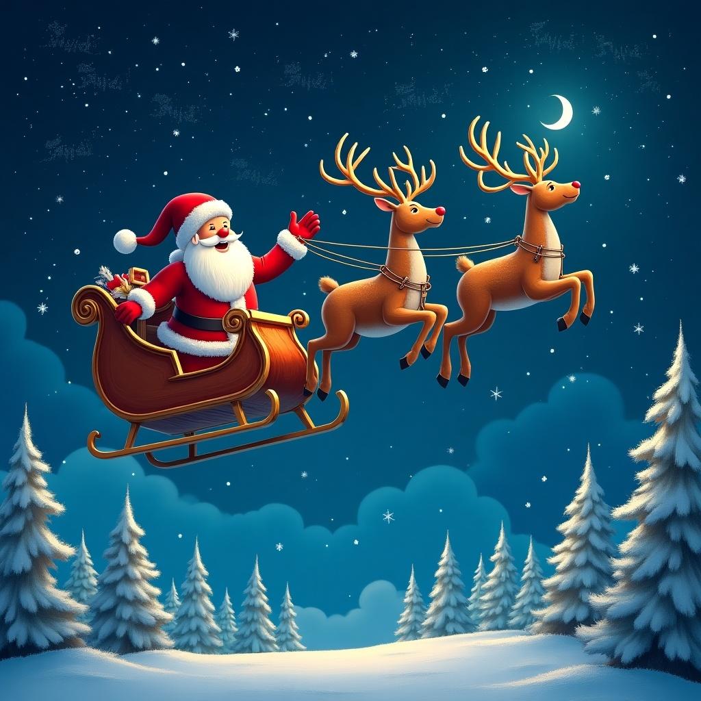 Santa Claus flying in a sleigh with reindeer. Names are written in the night sky. Snow-covered trees are visible below. Magical and festive atmosphere.