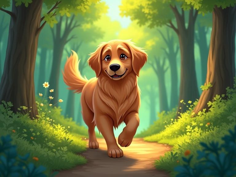 Disney illustration of a golden retriever with warm chocolate eyes walking in a lush green forest. A path leads through the vibrant scenery.