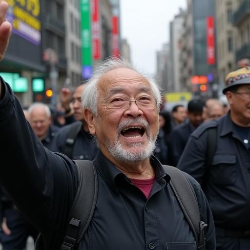Elderly man in black shirt smiling and raising hand during street protest. Background shows a crowd of protesters.