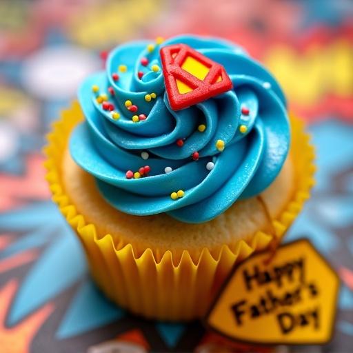 Overhead view of a Superhero Dad cupcake. Vanilla cupcake with yellow wrapper. Swirl of vibrant blue frosting. Red and yellow sprinkles on top. Edible superhero logo embedded. 'Happy Father's Day' tag hanging. Dynamic comic-book style background with speech bubbles and action lines. Photorealistic style with high detail.
