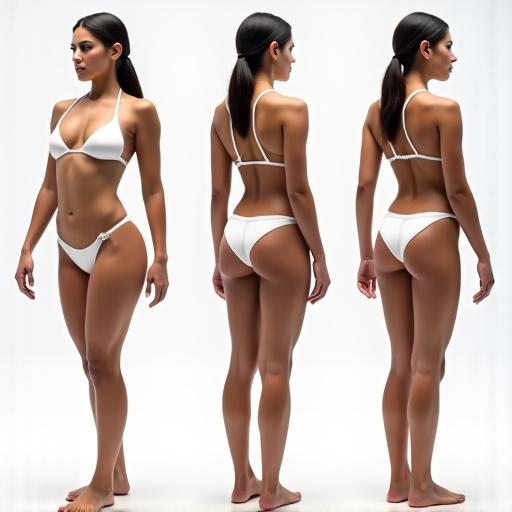 Athletic female model poses in white monokini in various angles including front, side, and back. Large mirror in the background and setting with bright lighting.