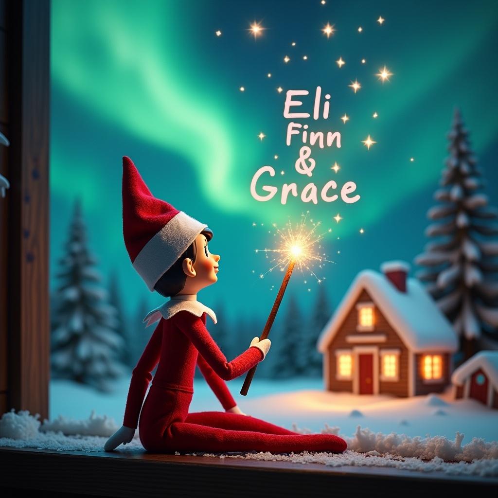 An elf on the shelf is sitting with its back to the viewer. The elf looks up while holding a glowing wand. The scene features colorful northern lights and a cozy house in the distance. Snow is on the ground. The elf represents the magic of Christmas. The names ‘Eli, Finn & Grace’ appear in the air from the wand.