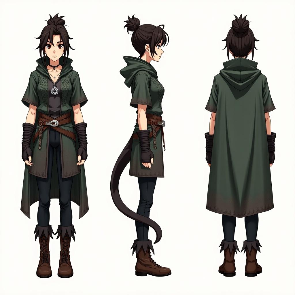 Character sheet displays young woman in dragon rider outfit. She wears dark leather tunic with dragon scale patterns. Features a weathered green cloak. Dressed in black pants and sturdy boots. Adorned with fingerless gloves and a silver dragon claw pendant. Hair tied up in a bun, dark brown color and brown eyes. Displayed in front, side, and back views.