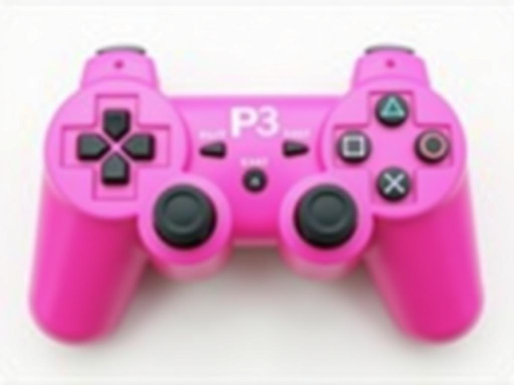 The image features a pink videogame controller designed for a PlayStation 3. It has a symmetrical shape with two thumbsticks, a directional pad, and five buttons, which include a central button labeled 'P3', a 'SELECT' button, and a 'START' button. The overall design is sleek and smooth, and the controller is shown from a top-down angle, which highlights the vibrant pink color against the dark buttons. The lighting appears even, enhancing the glossy finish of the controller.