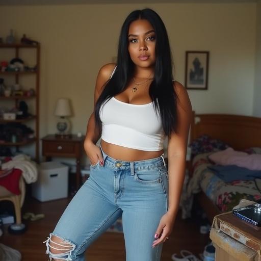 Chubby woman posing in a messy bedroom. Wearing skinny jeans and crop top. Big lips, dark eyes, tanned skin, long black hair. Cluttered room with personal items. Warm natural lighting, casual vibe, slight grain.