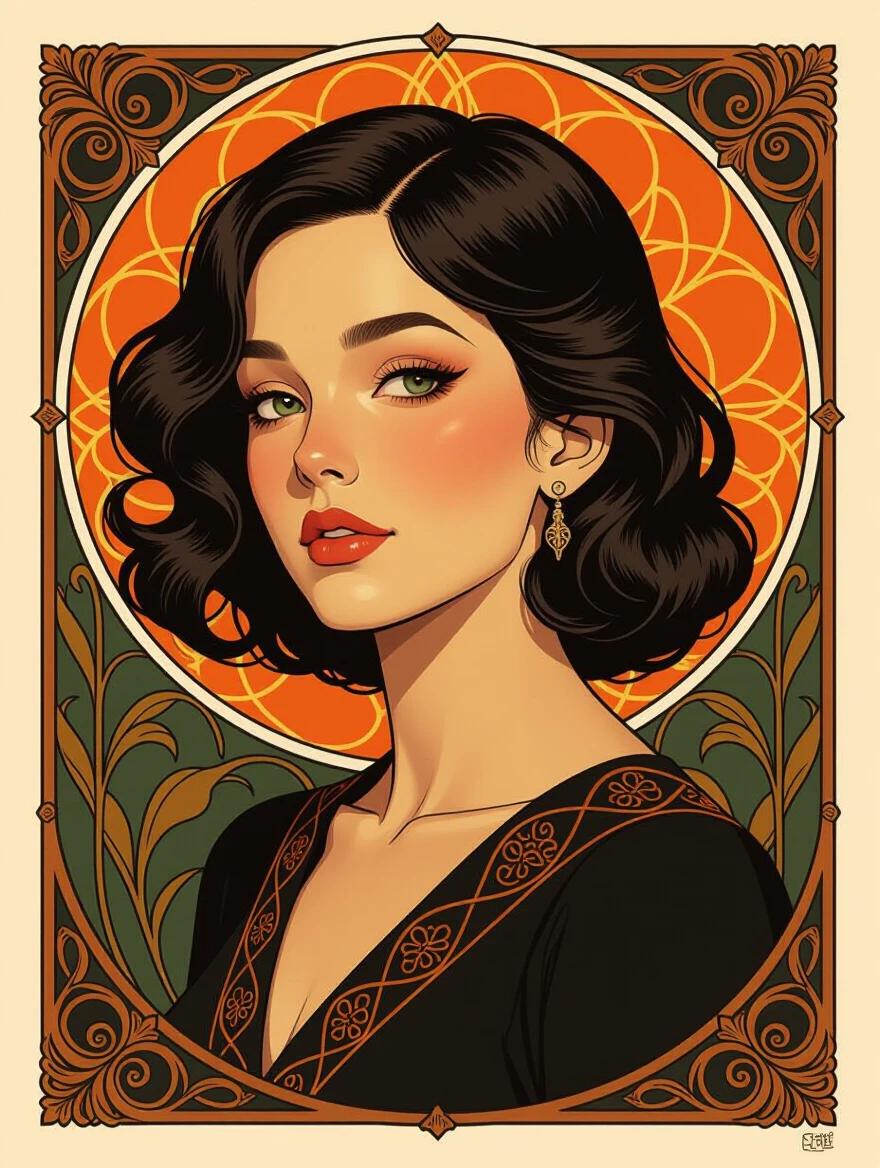 Stylized portrait of a woman with dark wavy hair. Background features intricate organic designs in dark orange. Rich colors with an art nouveau style. Soft lighting enhances the mood. Emphasizes elegance and artistic flair.