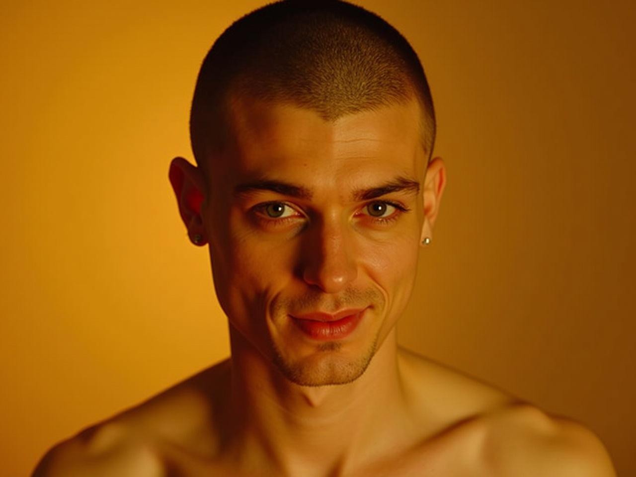 A male figure with a clean-shaven head and a subtle, playful expression. The background is a warm golden color, creating a soft and inviting atmosphere. Dramatic lighting enhances the contours of his face, casting shadows that add depth and intrigue. His skin tone is fair, with an almost porcelain quality. The lighting highlights his striking blue eyes, making them the focal point of the image. This setup creates a sense of curiosity and engagement, inviting viewers to explore the character's story.