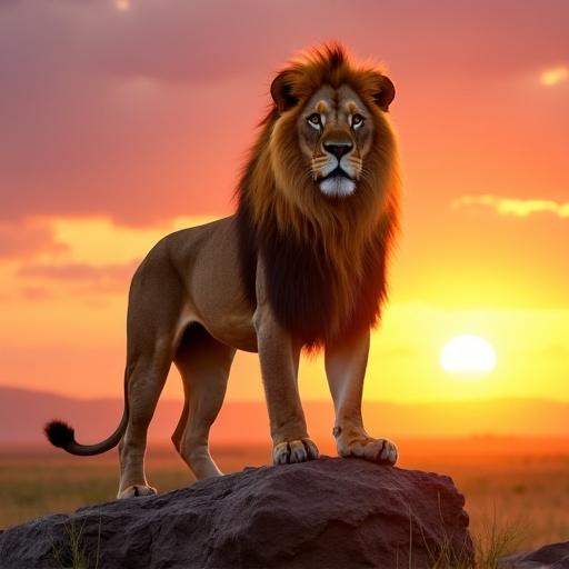 A lion with a golden mane stands on a rocky outcrop at sunrise in the savanna. The sky shows a gradient of orange, pink, and purple. The lion has highly detailed fur and realistic eyes. Dramatic lighting during golden hour. Wide shot with UHD quality.