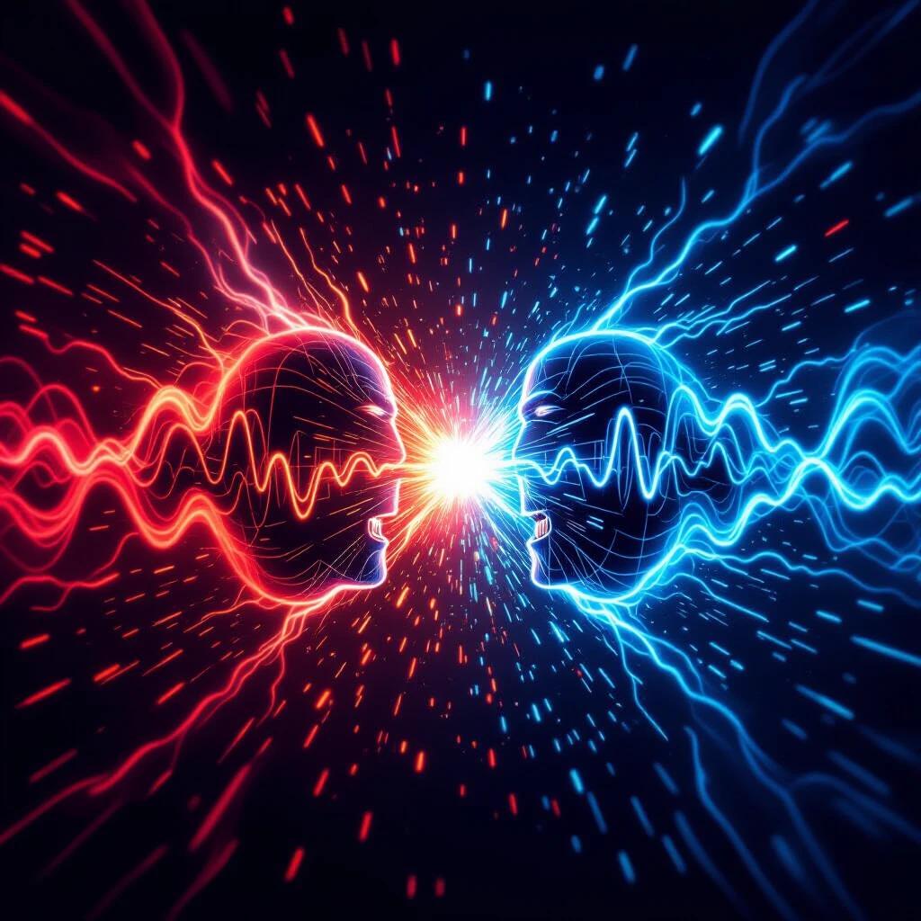 Two opposing figures made of glowing red and blue sound waves collide above a dark background. Energy sparks form at the intersection of their frequencies. Surreal abstract digital art creates a dynamic effect.