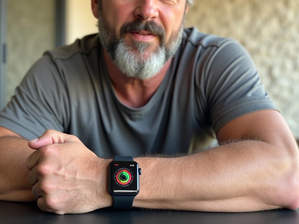 The image depicts a man sitting with his body partially visible. He has a short, gray beard and is wearing a casual gray t-shirt. On his wrist, he is sporting a large smartwatch with a colorful interface. The man is resting his elbow on a surface while his hand is clenched in a fist showing the watch. The background is a textured wall, possibly made of stucco, which is light-colored. The setting appears to be indoors or possibly on a covered porch with a natural, relaxed atmosphere.