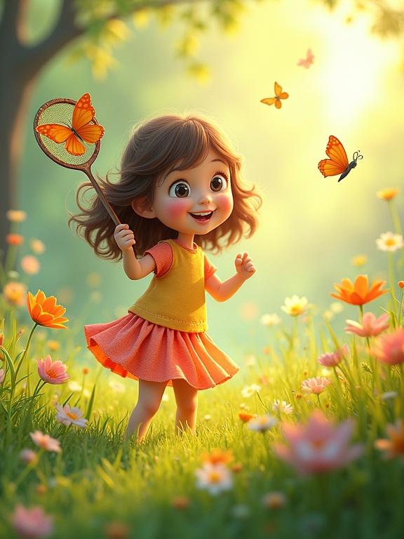 3D rendered illustration of a young girl in a meadow. She holds a butterfly net. The scene has blooming flowers and bright colors in soft golden light. The girl has a mischievous smile and sparkling eyes. She chases butterflies.