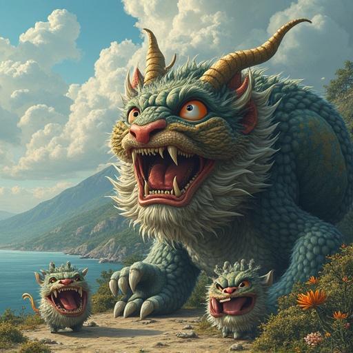 A colorful and whimsical mythical creature resembling a dragon with unique features. The creature is in a vibrant outdoor setting by the sea and mountains. There are smaller creatures nearby, contributing to a playful atmosphere.