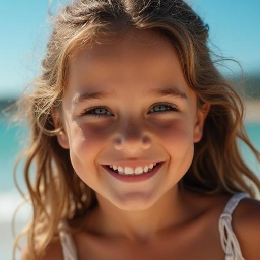 Portrait of an Italian girl with Mediterranean features, long straight hair, smiling face, arms raised
