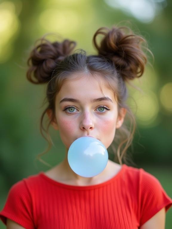Photograph of a woman blowing a large bubblegum bubble. She has a fair complexion with a light blush. Her striking light blue eyes are framed by well-groomed eyebrows. Hair styled in high messy buns with loose strands. Bright red short-sleeved ribbed top. Background is blurred with natural light and green foliage.