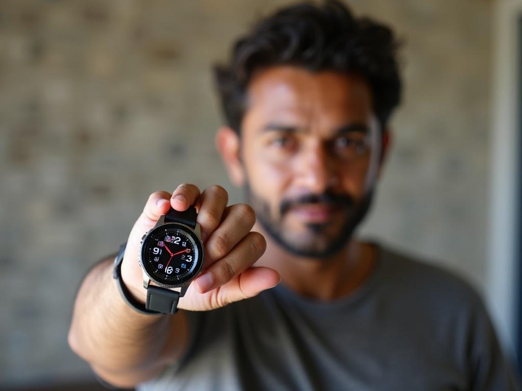 The image features a man with a blurred face holding his arm up, displaying a smartwatch on his wrist. He wears a gray t-shirt, and his skin appears to have a medium tone. The watch has a sleek design, integrating a black band and a metallic frame, along with a digital display showing various icons. The background suggests a casual indoor or semi-outdoor setting with textured walls. Natural light seems to illuminate the scene, highlighting the features of the watch and the man's hand.