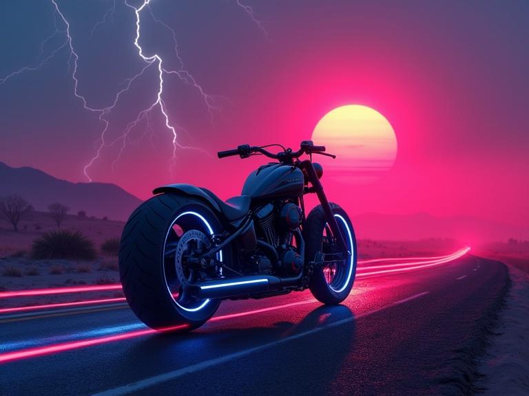 Futuristic black Chopper motorbike with glowing wheel rims in a desert at sunset. Neon lights and laser trails create a cyberpunk scene with moody fog and rain. Background features lightning in the distance and a pink sun.