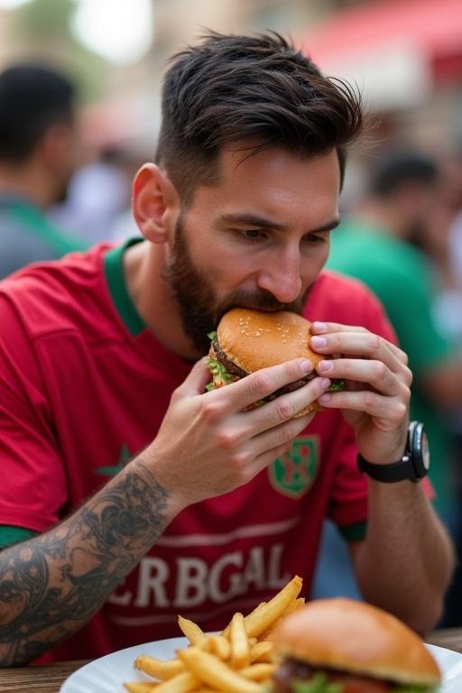 A person enjoys a burger in a bustling Marrakech setting. The individual is dressed in a Moroccan team t-shirt. Fries are on the table nearby. The scene reflects a casual atmosphere with many people around.