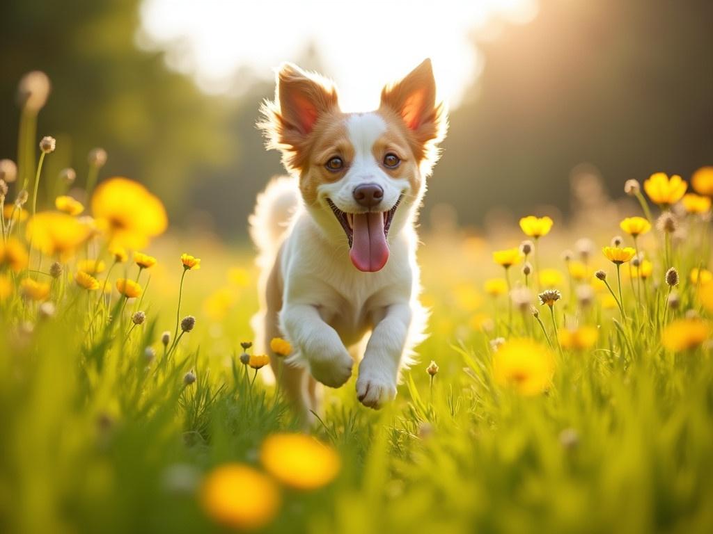 A joyful dog is happily running through a vibrant meadow filled with blooming buttercups. The sun shines brightly on the scene, illuminating the dog's energetic leaps and playful spirit. The meadow is lush and green, creating a beautiful backdrop for this lively moment. Buttercups dot the landscape, adding splashes of yellow color. The dog's ears are flopping in the breeze, and its tongue is out, showcasing pure excitement and joy.