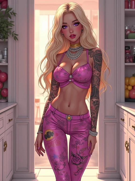 A woman in a luxurious pantry. She is wearing sexy hip hop printed streetwear. Jewelry with light pink diamonds adorns her look. Long wavy blonde hair flows down. She has colorful traditional Yakuza tattoos. The setting resembles a modern mega mansion. Morning light illuminates the scene. The woman has a happy expression. She showcases her elegant style and confidence.