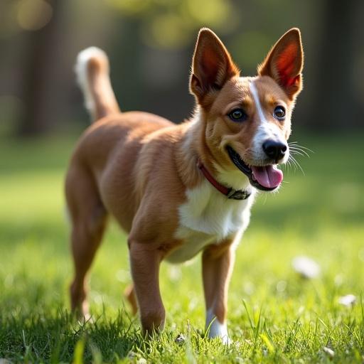 A dog standing on grass outdoors. The dog is a corgi mix with a happy expression. The background features soft lighting and a blurred green landscape.