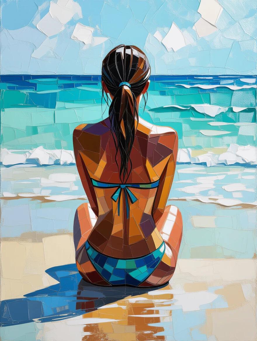 3D textured painting of a model at the beach seen from behind. She sits on the shore. Vibrant colors and abstract elements characterize the image. Textured effects convey depth and brightness.