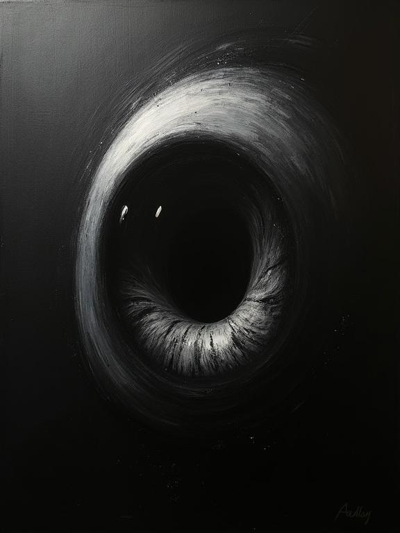 Ultra-high-contrast abstract oil painting of a massive eye silhouette emerging diagonally from the top-right on a deep matte black canvas with pupil as a swirling Lovecraftian void. Rendered in stark black and off-white. Gritty noir style with heavy chiaroscuro and rough canvas texture.