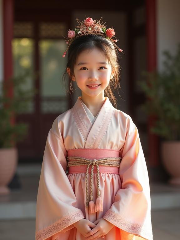 Full body photo of a girl in hanfu with delicate features. Soft lighting enhances the beauty of the scene. The girl is smiling, showcasing traditional attire.