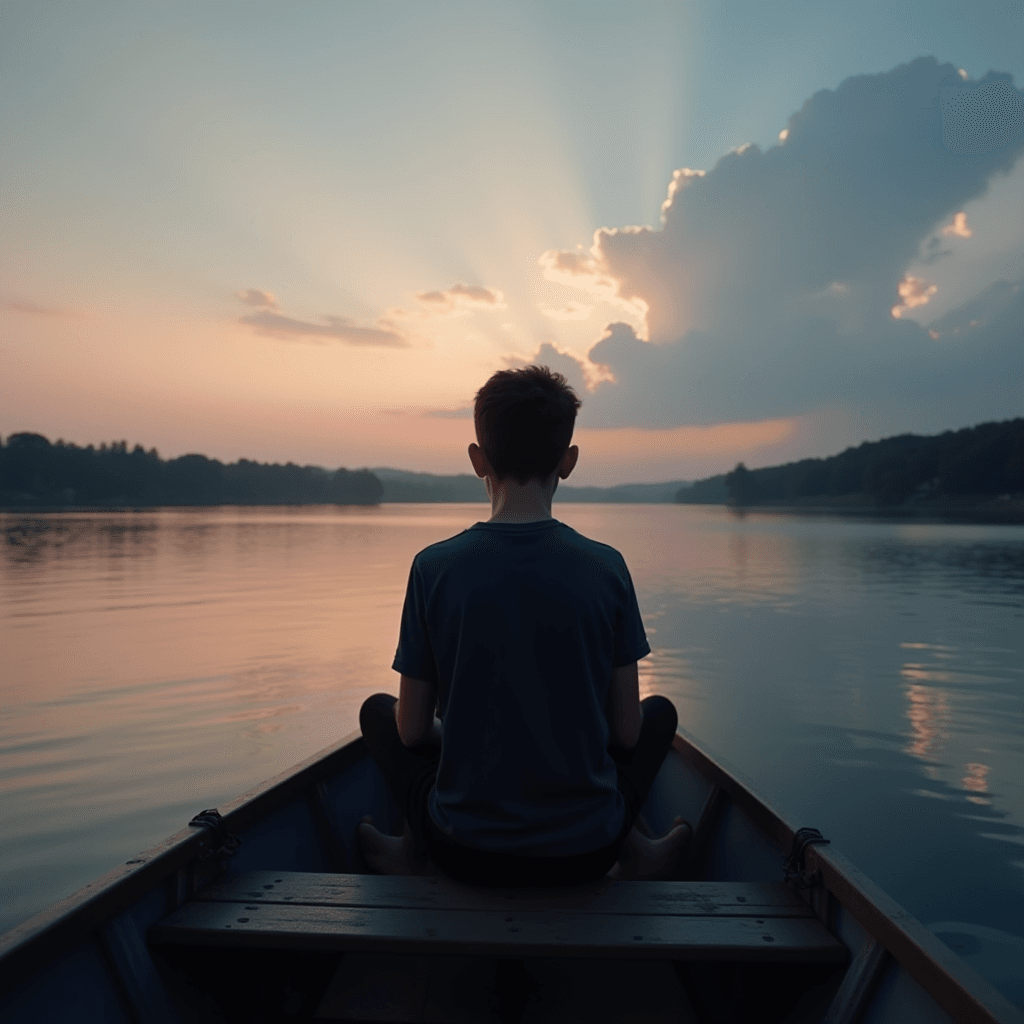 A person sits at the bow of a boat on a calm lake during a serene sunset, with soft rays reflecting on the water.