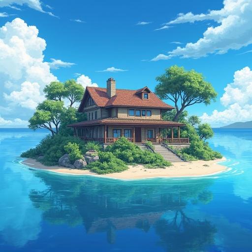 A serene house located on a small island surrounded by clear blue waters. Lush greenery and a vibrant sky filled with fluffy clouds. The image conveys a peaceful atmosphere.