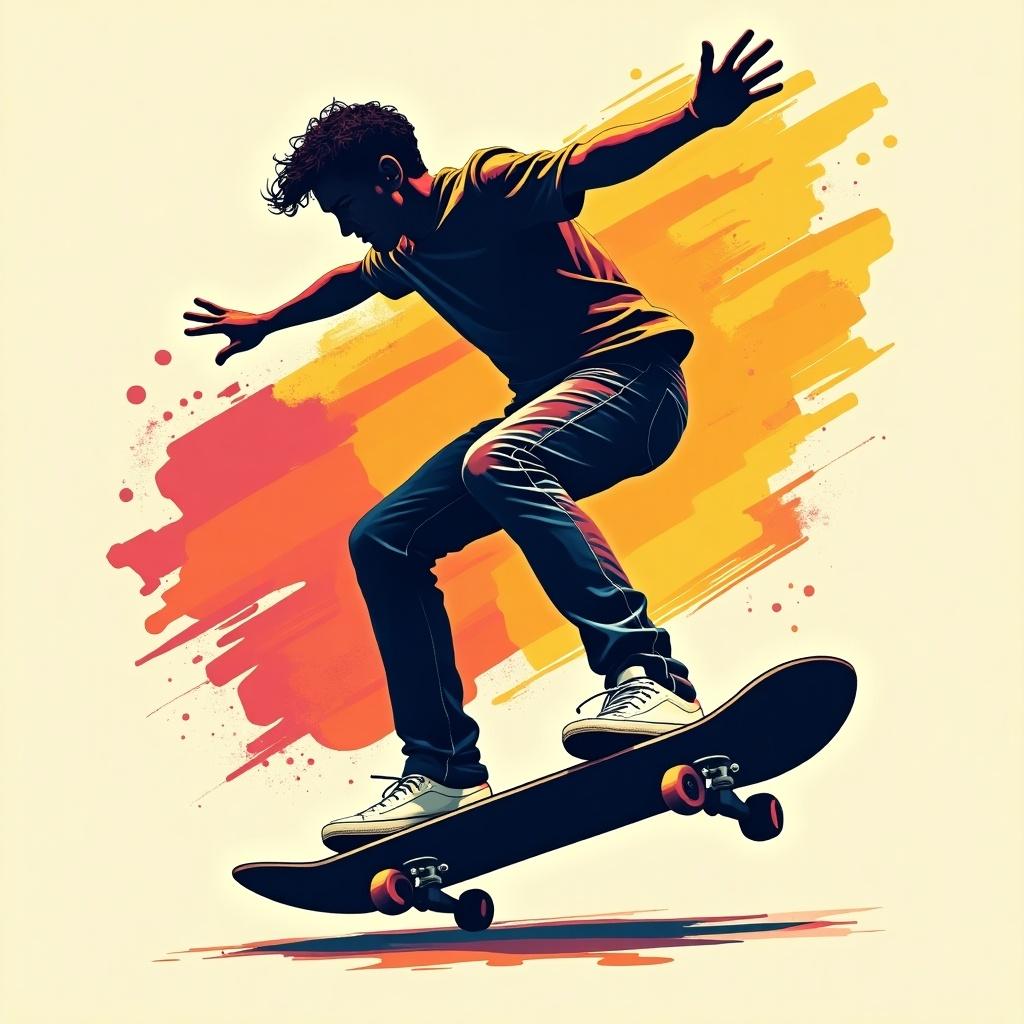 Dynamic modern poster design featuring a skateboarder performing a trick against a colorful background.