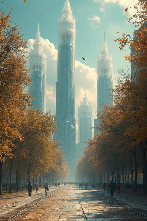 Imaginary architecture depicting emotions with skyscrapers made of light. Streets with shifting memories underfoot. Trees show old letters and shade passersby while birds sing forgotten conversations.