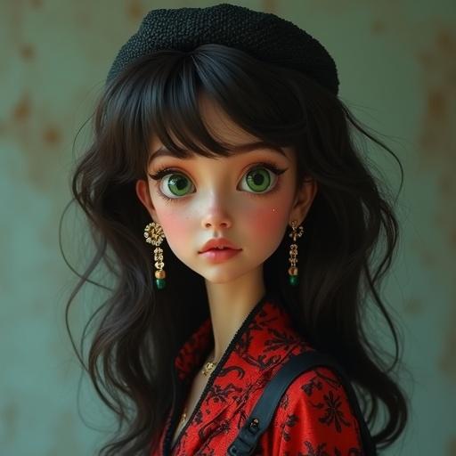 Create a woman in Italian clothing with green eyes and red hair with small black highlights. A neon purple sign with the words 'Out of script' appears in the background. Include a faded skull in the background.