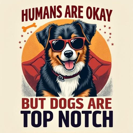 Illustration featuring a happy dog in sunglasses with a bold message. Design elements include playful fonts and a comparison chart. Earth tone colors with fun accents.