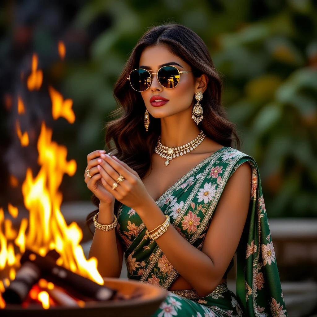 This image combines natural elements with modern fashion. Background features flames contrasting the figure in the foreground. Subject wears deep green floral-patterned dress with intricate jewelry. She holds a small mirror applying lipstick, showcasing elegance and confidence. Dark wavy hair and black sunglasses add mystery. Overall atmosphere is vibrant and slightly dramatic, telling a story of beauty and strength.