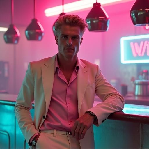 Photorealistic image of a man in a futuristic setting. He has styled blond hair and is confident. He wears an off-white blazer with a pink shirt. The background features a bar with bio-mechanical equipment. Neon lighting in pink and cyan adds a vaporwave aesthetic. The image is atmospheric, with rich colors.