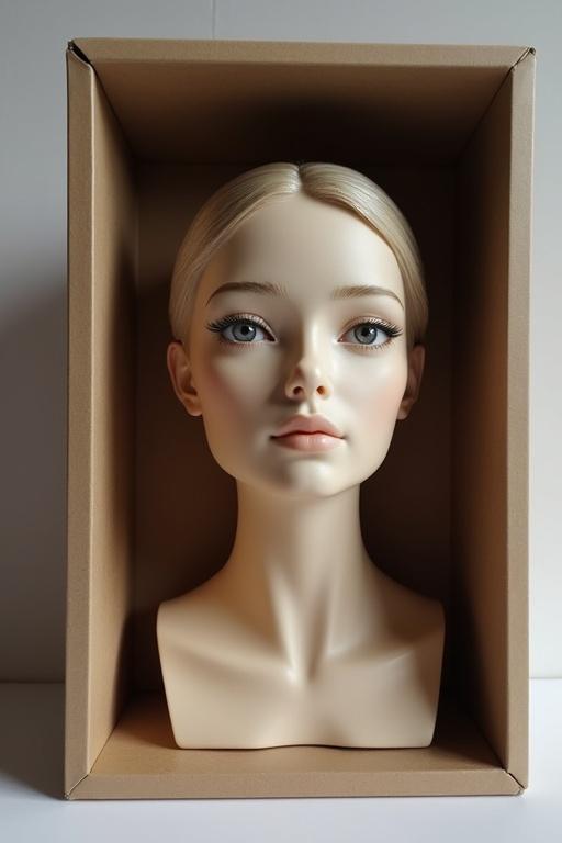 Realistic female head placed in a box. Simple and neutral presentation. Suitable for showcasing beauty products or fashion items.