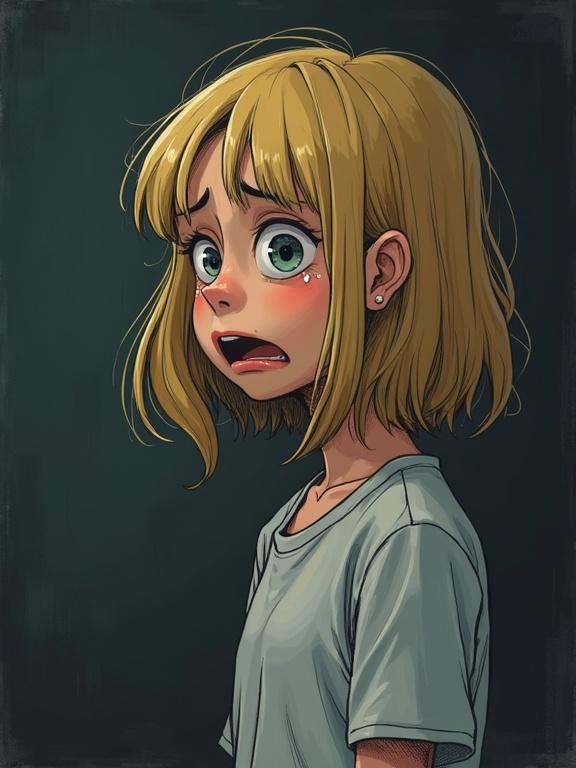 Minimal colored pen drawing featuring side view of a bare-chested girl with short blond hair looking scared and tearful. Emotionally expressive with trembling lip and hands by her sides. Set in a dark school office atmosphere.