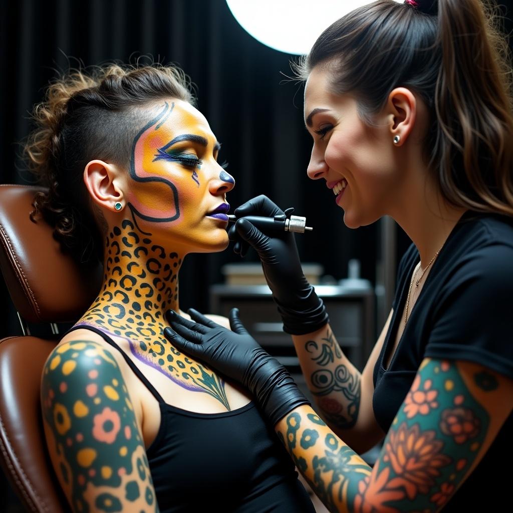 A feminine 20-year-old crossdresser with vibrant cheetah-like face tattoos is seated. The person wears a brown leather tattoo chair. A female tattoo artist works on the detailed designs. The face tattoos feature a golden-yellow base with orange and bronze rosette patterns. Black-outlined spots go from the forehead to cheeks. Blue accents are around the eyes. Green whisker patterns are present around the mouth. A blackened nose tip has purple highlights. Multicolored patterns blend down the neck in amber and turquoise shades. The tattoo artist holds a tattoo machine in her right hand. She carefully adds fine lines to complete the facial markings. The scene is in a tattoo studio with bright overhead lights and stainless steel equipment trays visible in the background. Close-up photography captures fine detail.
