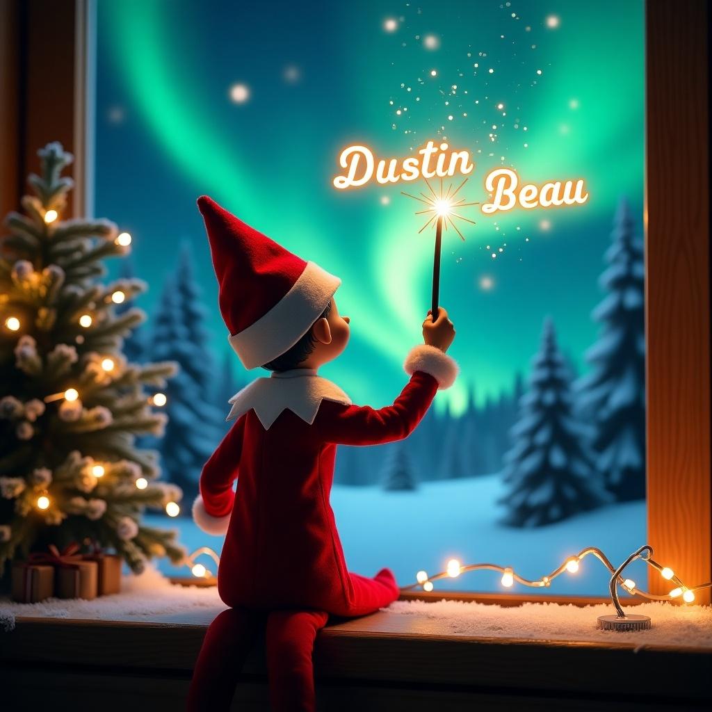 An enchanting Christmas scene featuring an elf on the shelf. The elf, wearing classic red and white attire, faces the beautiful northern lights while writing glowing scripts in the air. His back is turned to the viewer, creating a sense of wonder. The room is decorated for the holidays, with a glowing tree nearby. This whimsical setting evokes feelings of joy and magic, embodying the true spirit of Christmas. The elf's action captures the excitement and anticipation of the holiday season.