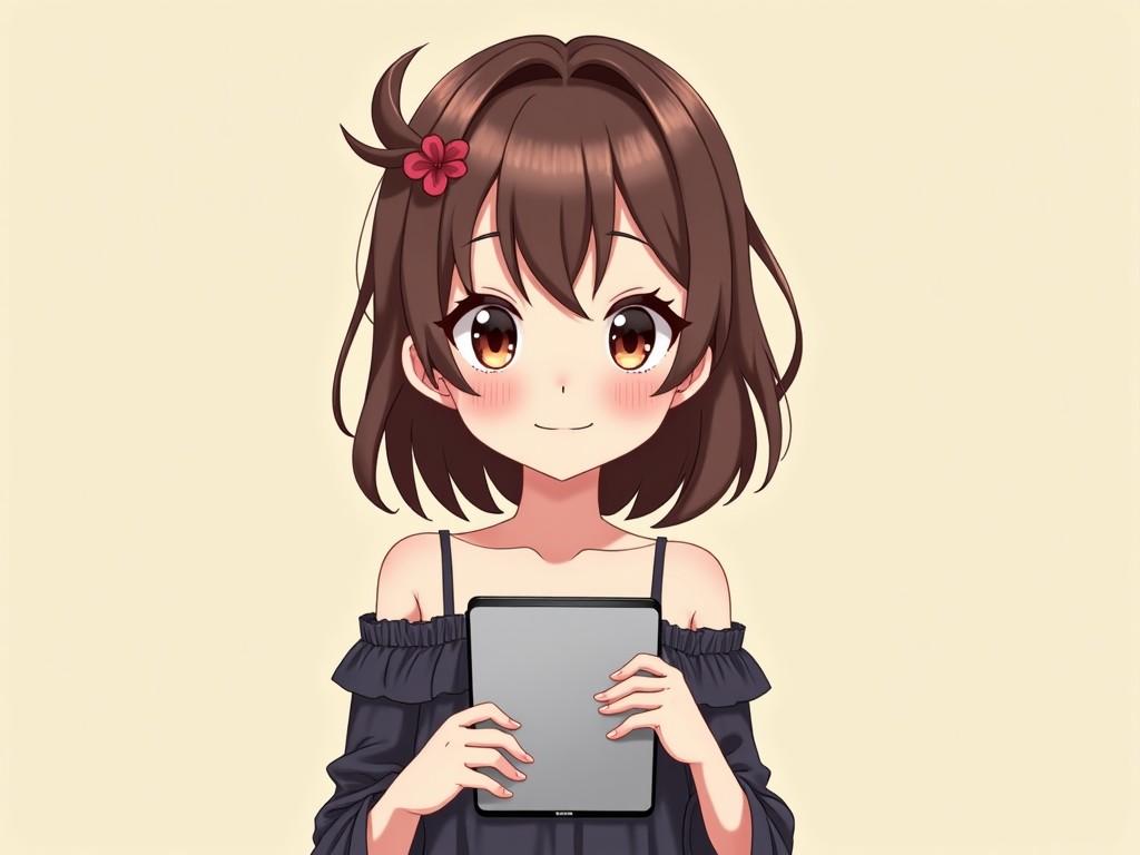 This image features a cute anime girl holding a tablet in her hands. She has soft brown hair with a flower clip on one side. Her expression is friendly and inviting, with rosy cheeks. The character is wearing an off-shoulder top, adding a casual vibe to her appearance. The background is a light beige, enhancing the focus on her character. The art style is reminiscent of popular anime, with vibrant colors and a cartoonish design.