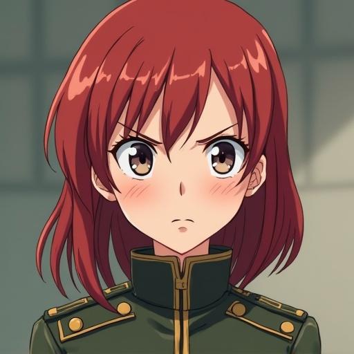 Anime style illustration of a female soldier aged around thirty. She has medium-length red hair with parted bangs. The character shows an angry and surprised expression.