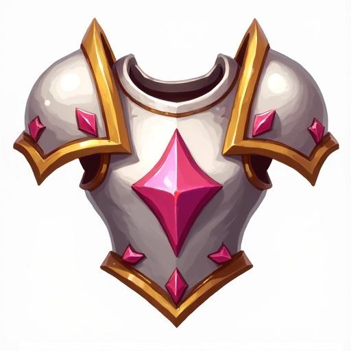 Icon representation of a legendary white gold pink breastplate for card games styled like World of Warcraft. Icon representation of a magic shield designed for a card game. Icon of a royal shield designed for a card game. Paint style with transparent background.
