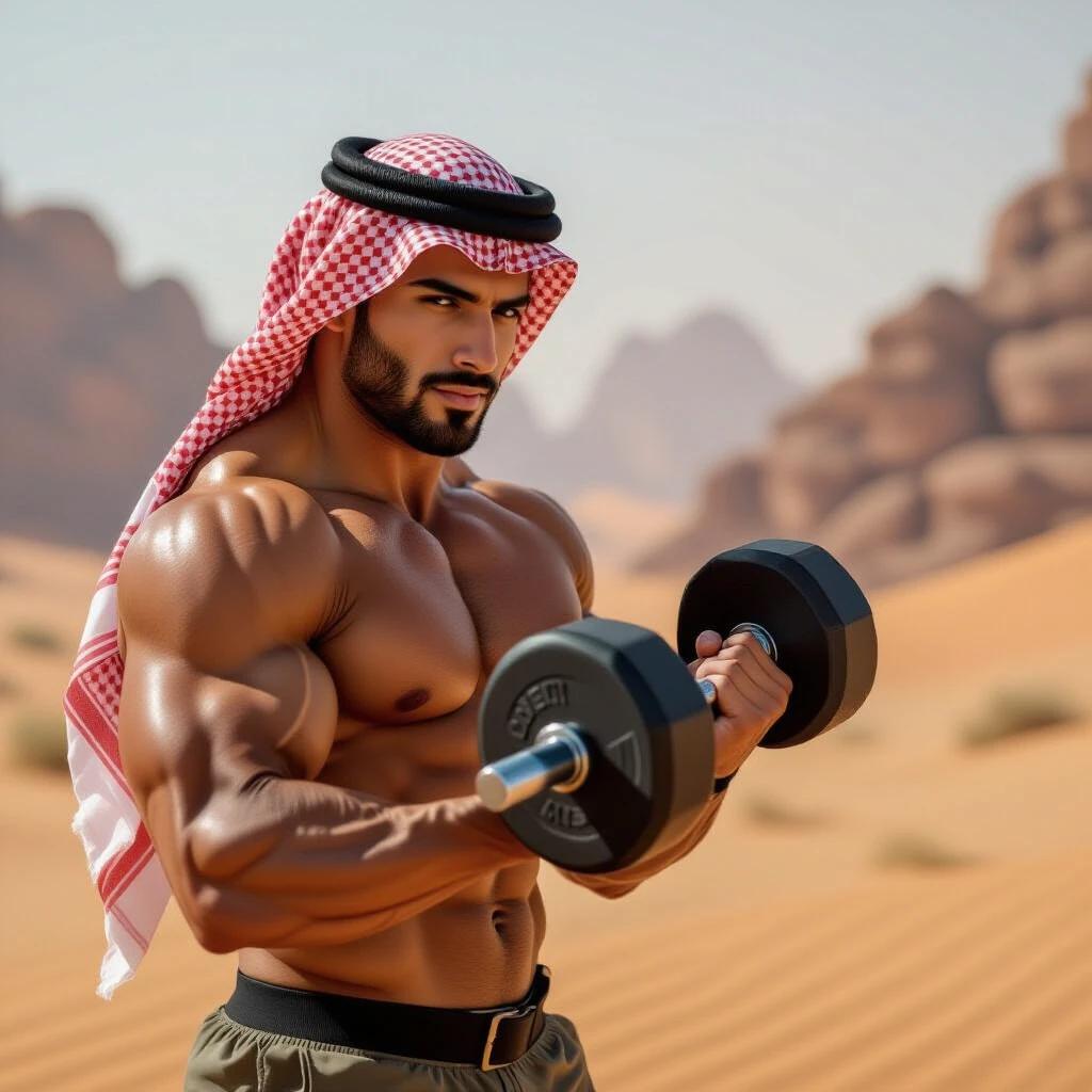 A muscular man lifts a 25 kg dumbbell performing bicep curls in a desert. He wears traditional Arabian attire, showcasing strength against a natural backdrop.
