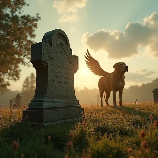 An image of a graveyard with emphasis on a gravestone. A spirit of a yellow Labrador emerges from the gravestone with wings, flying upward toward heaven.