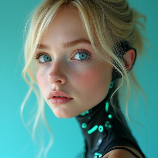 Blonde girl with blue eyes showcases cybernetic implants. She wears bright teal metal covers. Hairstyle is styled with loose waves. Background is a solid teal color. Overall aesthetic is futuristic and sci-fi inspired.