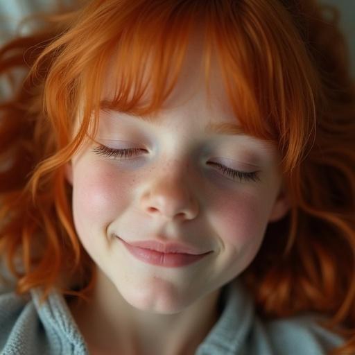 Closeup photo of a girl with red hair. She has a relaxed expression with closed eyes. Soft light highlights her features.