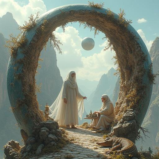 A magical valley viewed through a circular portal where fairy tale creatures interact. An elf stewardess in futuristic attire descends from a space liner greeted by dwarves. A beautiful ghost, The Spider Queen, sits on an ornate throne amid docile alligators. Another frame features a Byzantine witch glowing in darkness. A gothic druid stands in a surreal forest. The scene merges fluid ink sketches with ornate Gothic art, illustrating a dynamic and dreamlike atmosphere.