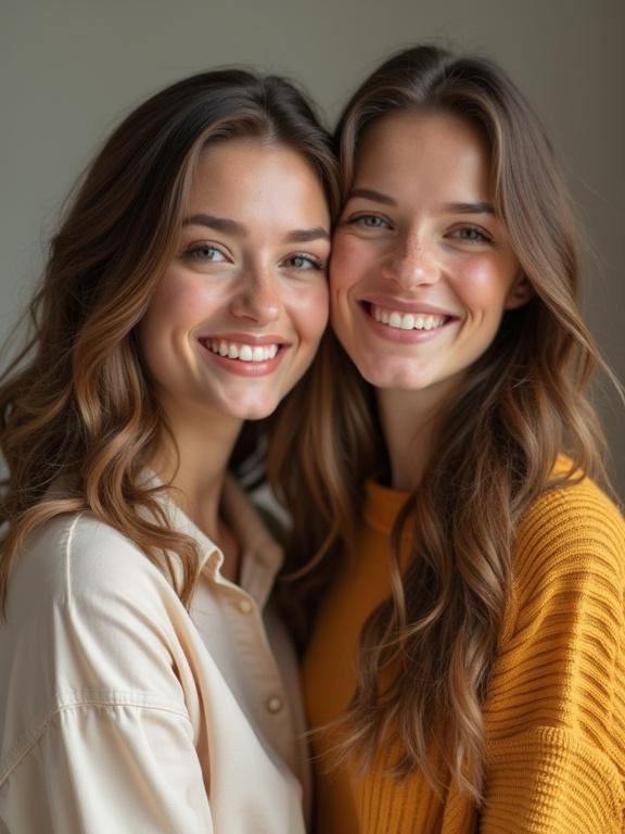 Two beautiful mothers smiling closely together. Their hair is soft and styled. The background is neutral and enhances their expressions.